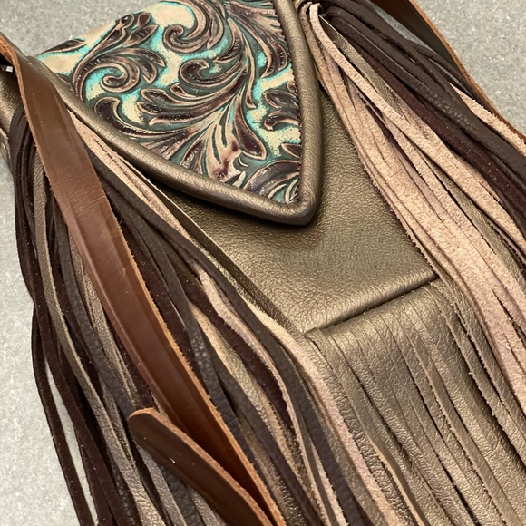 Metallic bronze and accents in turquoise and brown embossed crossbody purse - Picture 11 of 15
